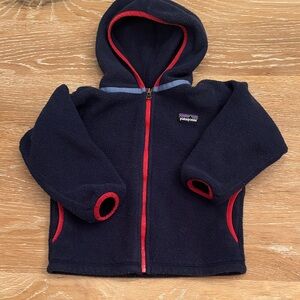 Patagonia Dark Blue Fleece Jacket with Red Accents
